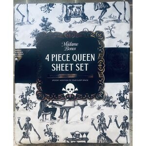 Madame Bones Queen Sheet Set 4pc Skeleton Toile Black White Spooky Halloween NEW